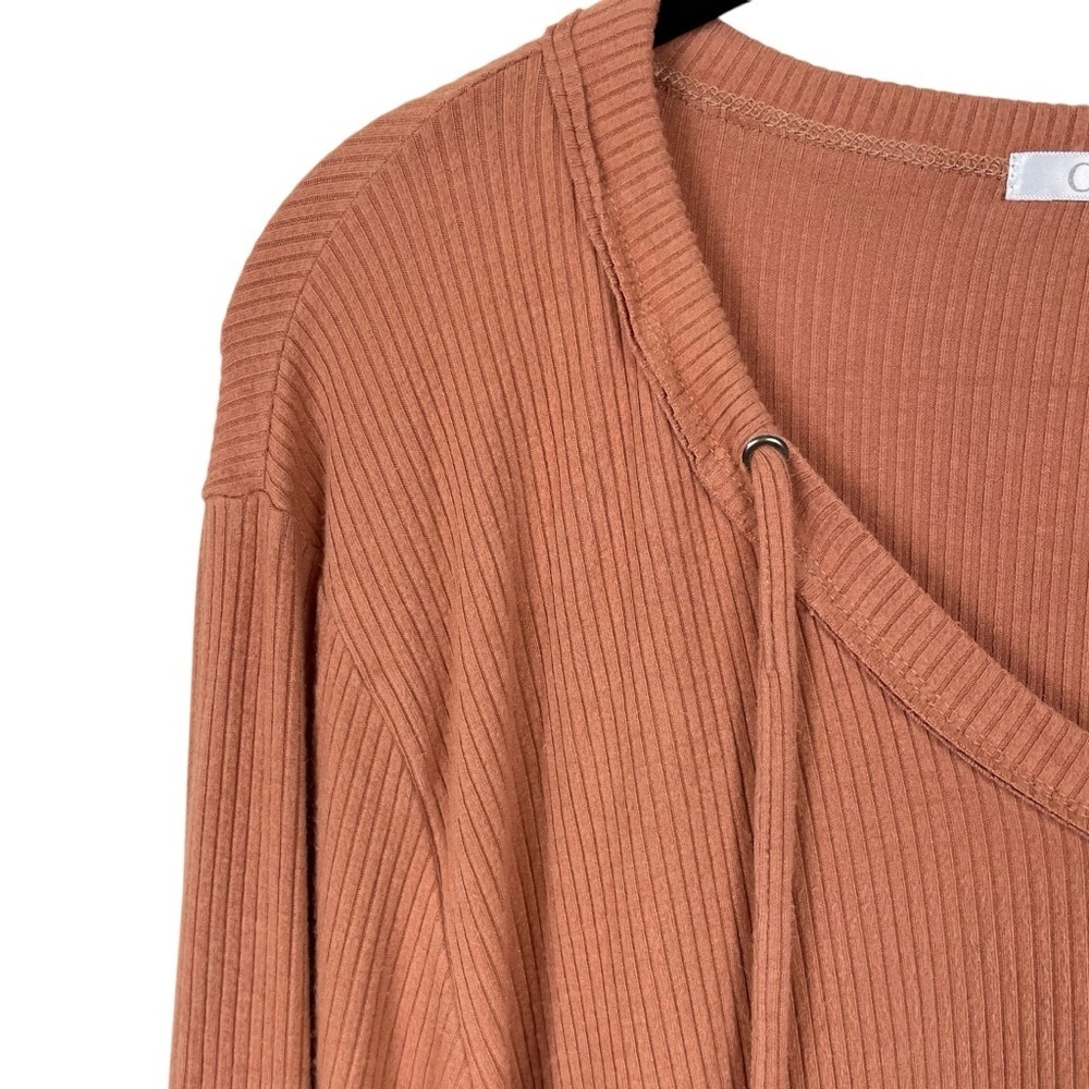 Cbrand Terracotta Orange Long Sleeved Ribbed Relaxed V-Neck Drawstring Top Sz M - Picture 9 of 13